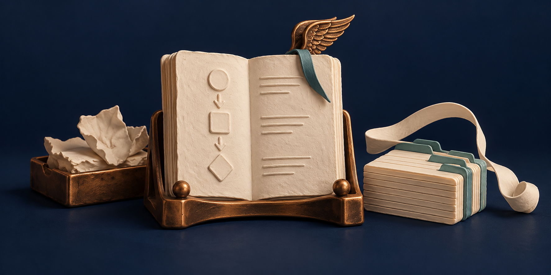 An ivory clay folio with a bronze wing bookmark, index cards and a looping ribbon on a dark archival workbench.