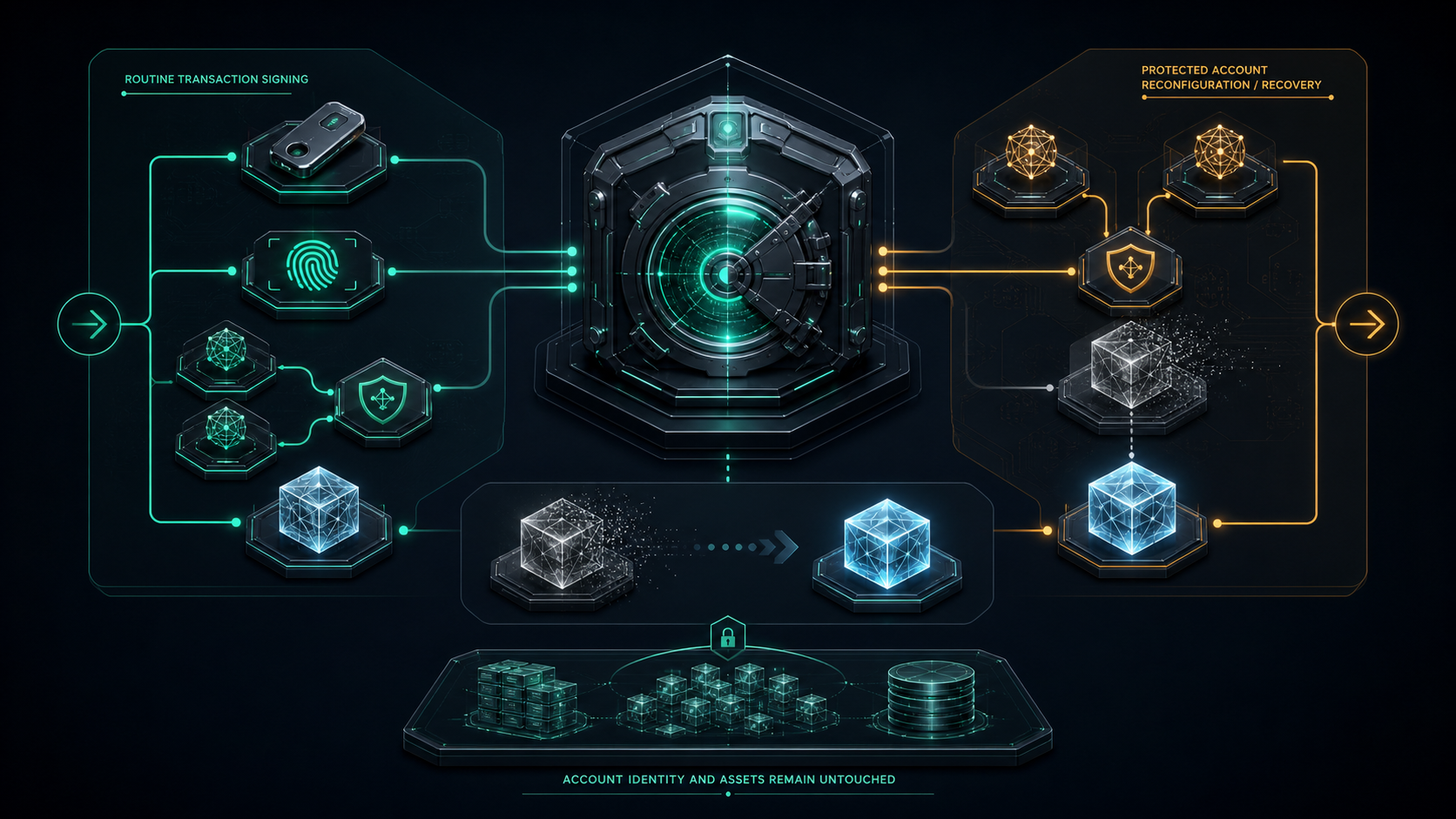 A fixed account identity connected to routine signing, threshold recovery, authenticator rotation, and post-quantum upgrade paths