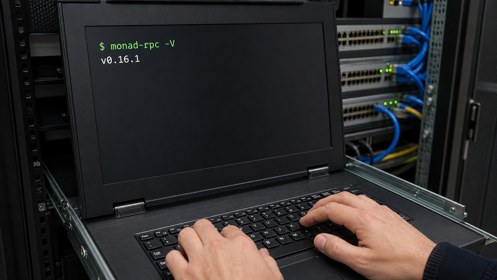 AI-generated illustration of a datacenter KVM terminal showing a Monad v0.16.1 release check