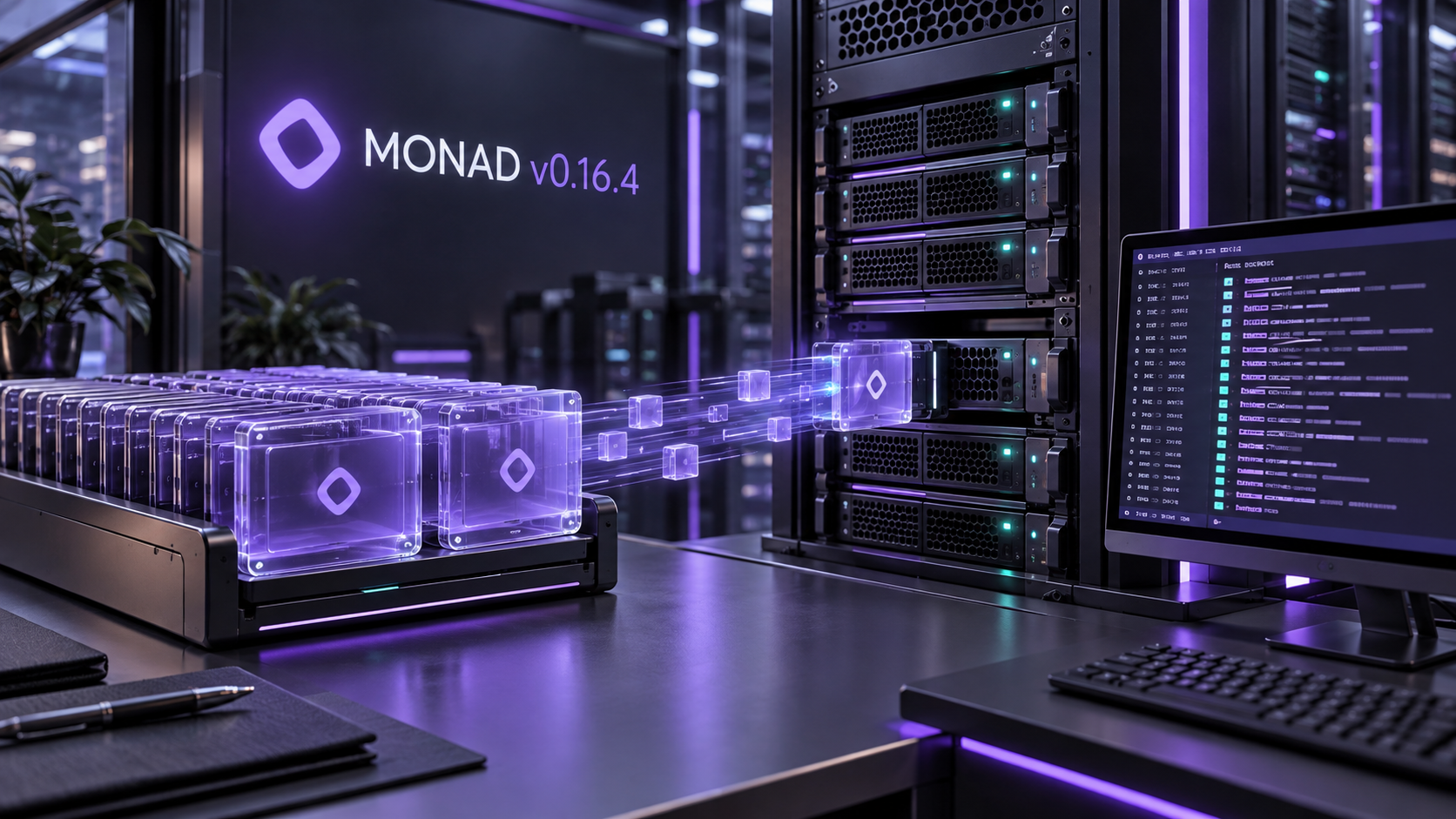 Conceptual infrastructure scene for Monad snapshot compatibility and proposal observability