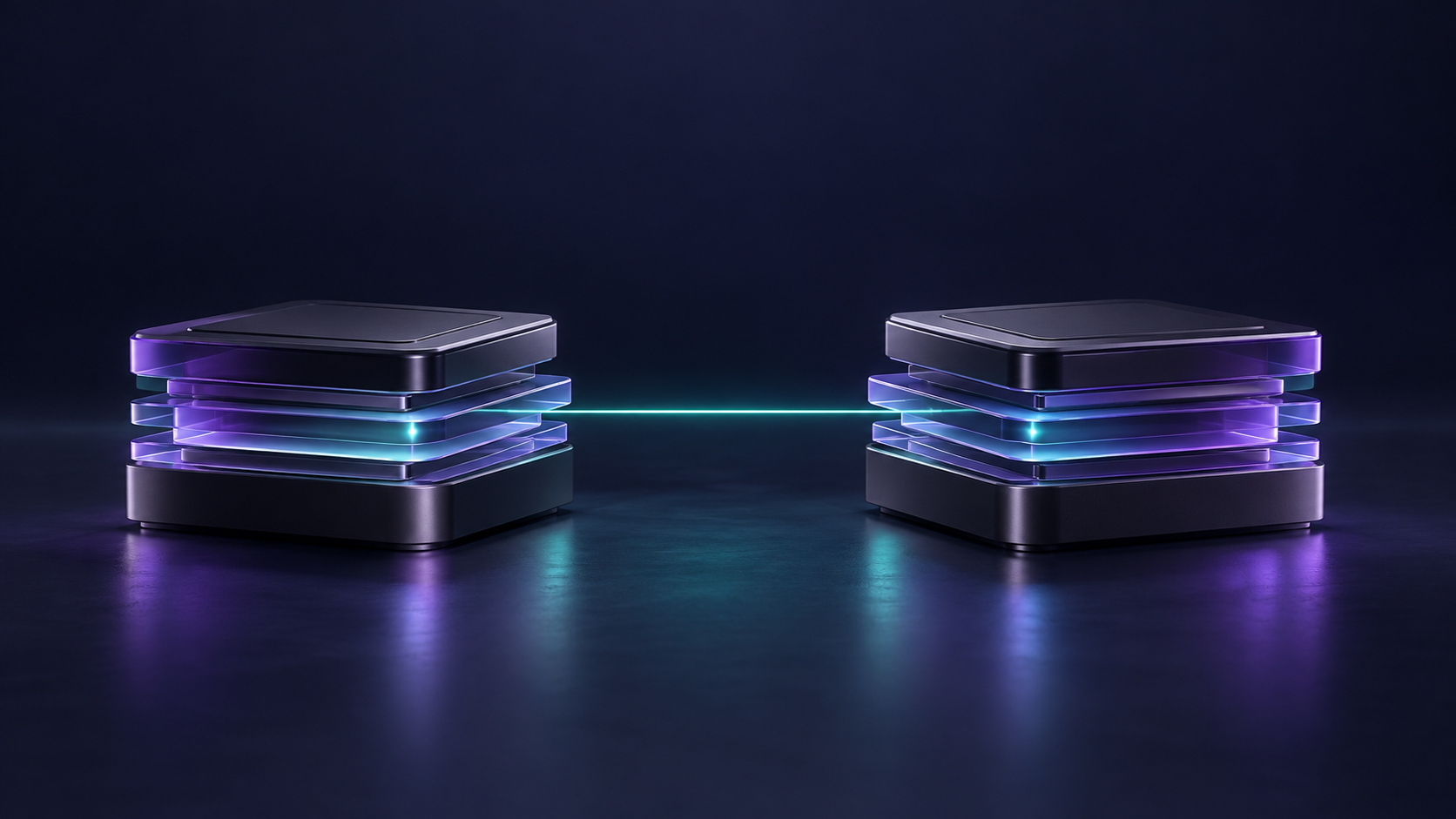 Two abstract graphite and violet storage modules aligned along a teal light trace on a dark navy background.