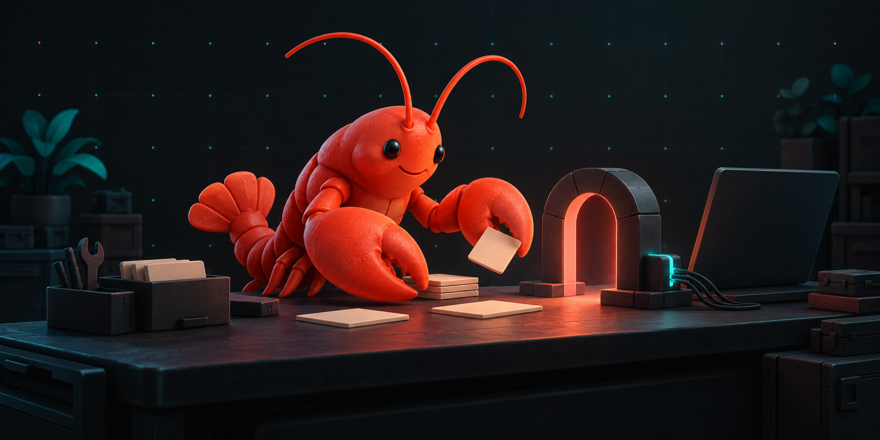 A coral-red lobster arranging paper cards at a workbench beside a glowing gateway and a computer.