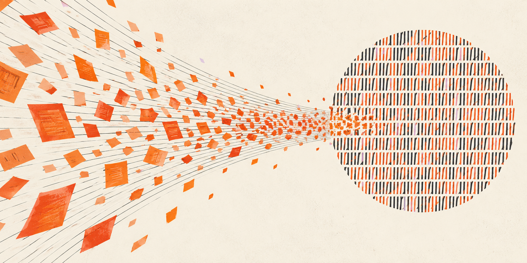 Orange message slips cross an ivory field toward a circular pattern of black and orange tally marks.